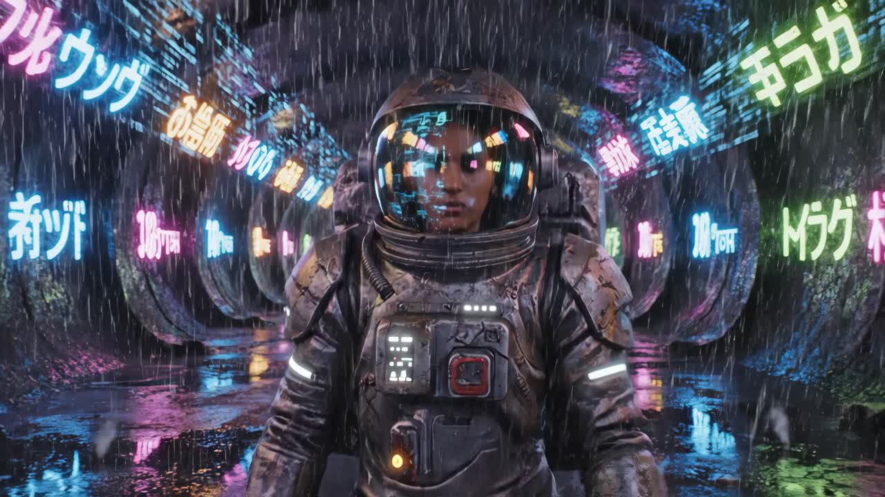 Astronaut in a Cyberpunk Cityscape