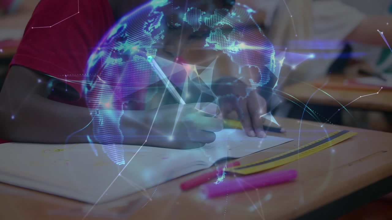 학교 소년의 글쓰기를 통해 연결 네트워크와 함께 지구의 애니메이션