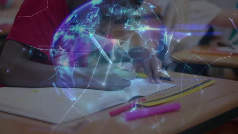 animación del globo con una red de conexiones sobre la escritura de los escolares
