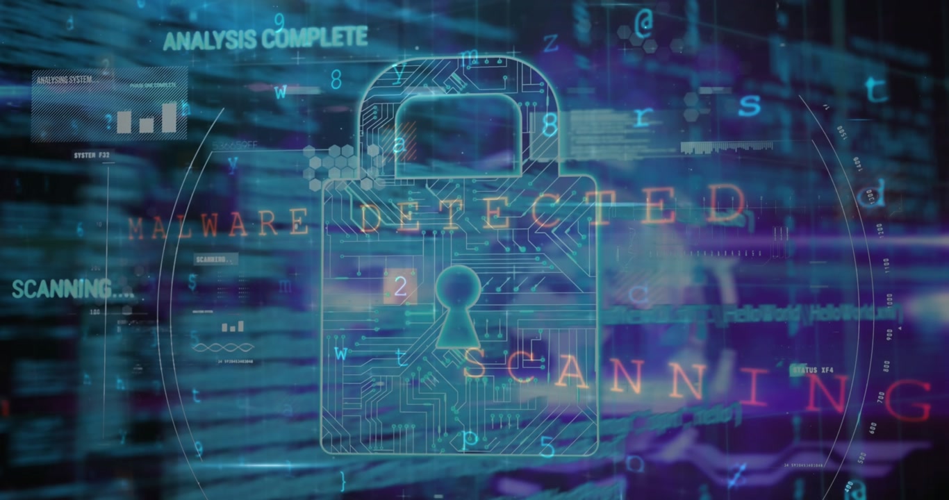 Animation of data processing online security padlock and circuit board