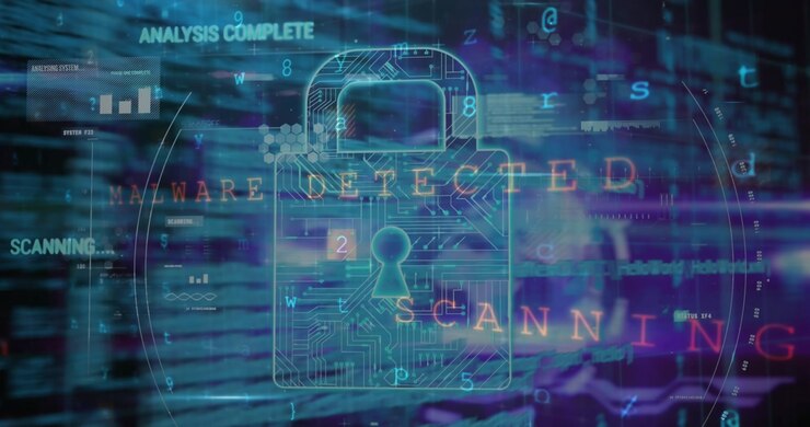Animation of data processing online security padlock and circuit board