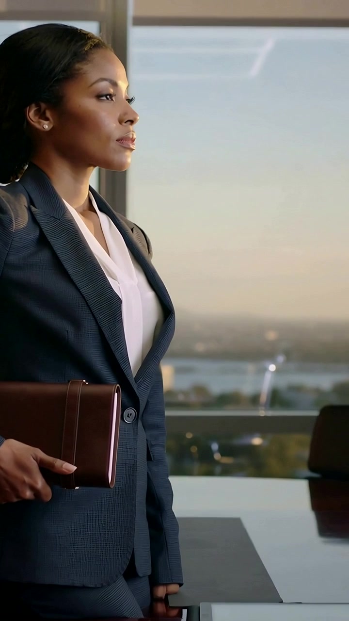 Vertical video: At sunset blazer woman gazing at city from office, composing with folio, copy space