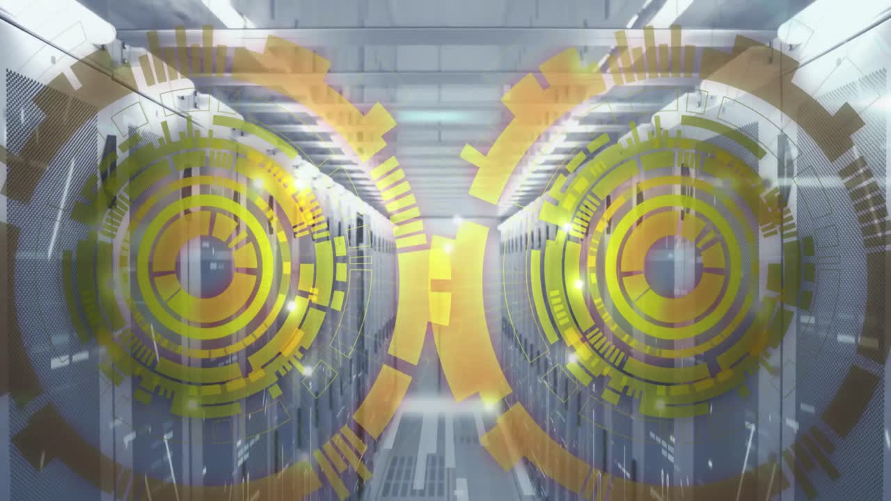 서버 객실의 데이터 서버 랙에 있는 막대 위의 로딩 서클의 애니메이션