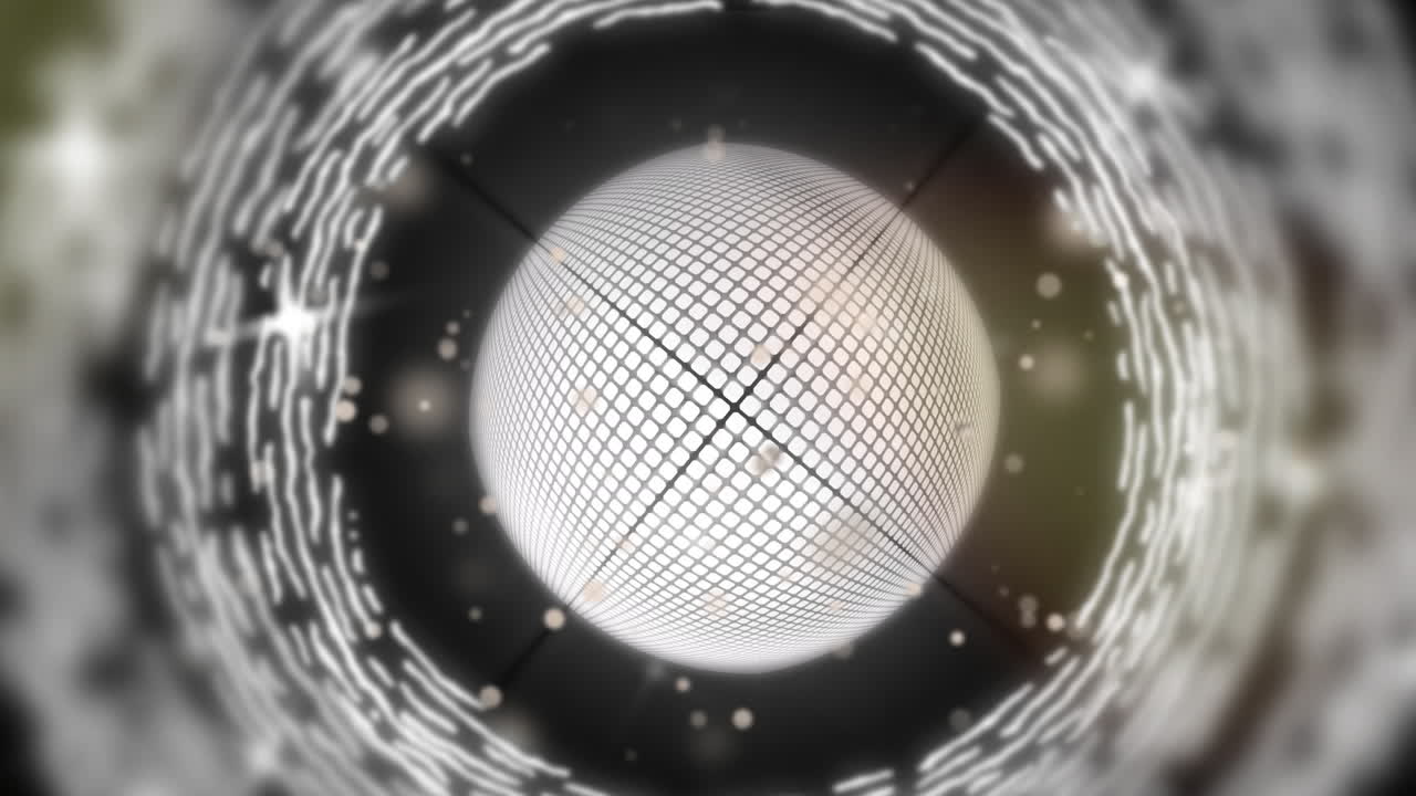 Animation of white christmas stars and rotating, glittering mirrorball on black background