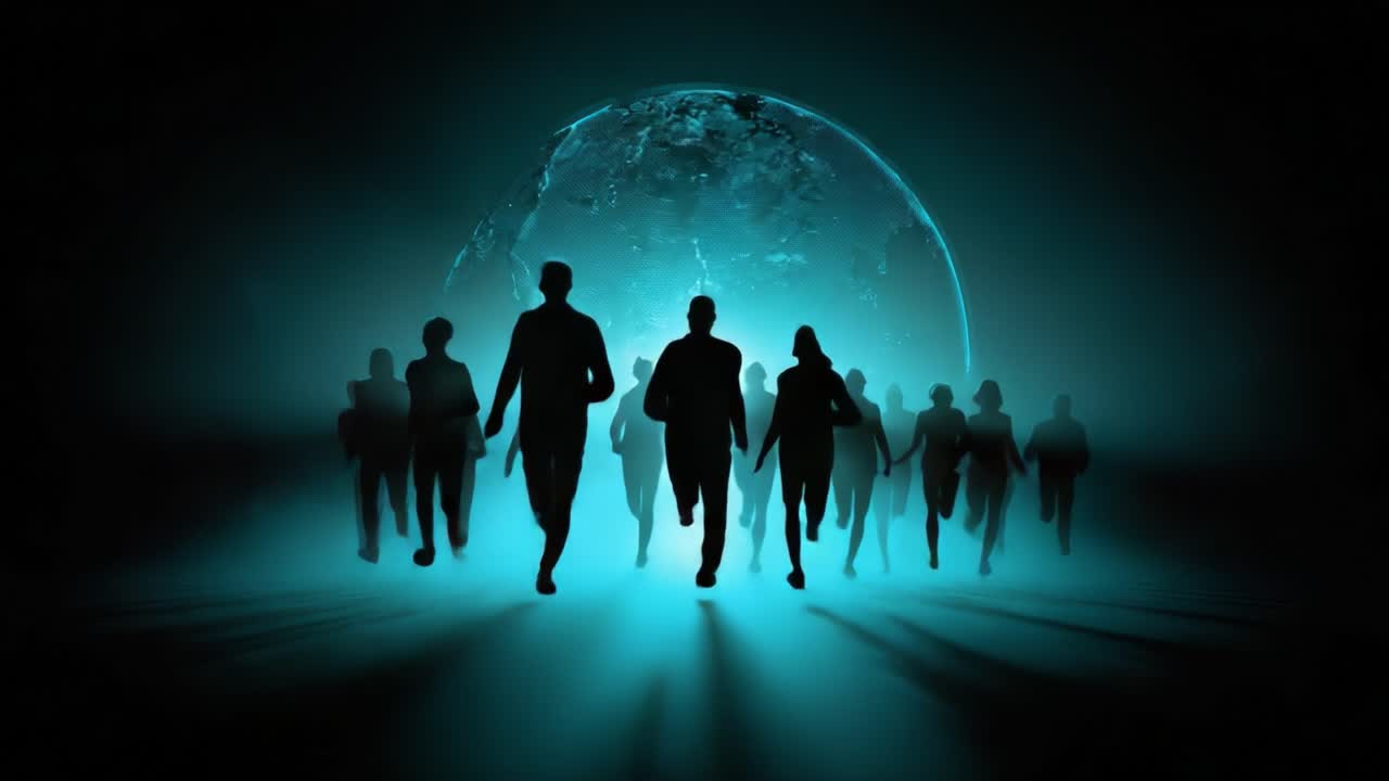 A mysterious gathering of silhouettes under a glowing full moon, as figures emerge from the shadows, gaining momentum in an expansive dark landscape, evoking a sense of intrigue and suspense in this enigmatic journey