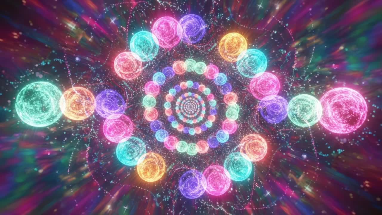 A Vibrant Cosmic Spiral: An Explosive Journey Through Colorful Orbs and Luminous Patterns Creating a Hypnotic Visual Experience in a Hypothetical Universe