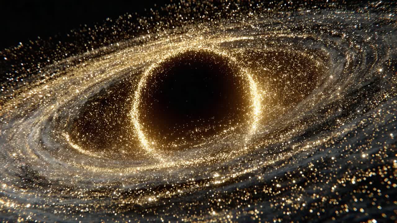 A mesmerizing depiction of a cosmic black hole surrounded by shimmering particles and swirling stars, showcasing the grandeur and mystery of the universe in captivating detail