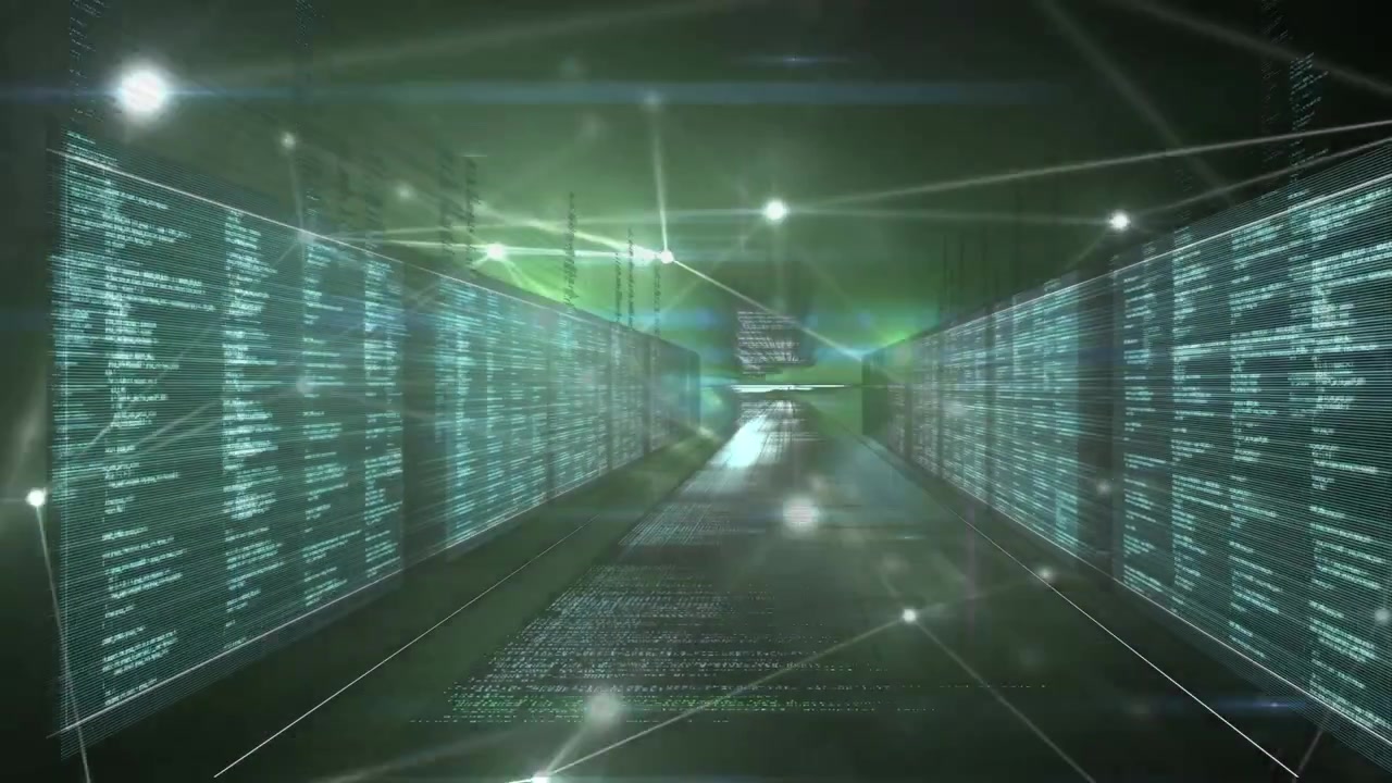 Animation of data processing and network of connections over black background