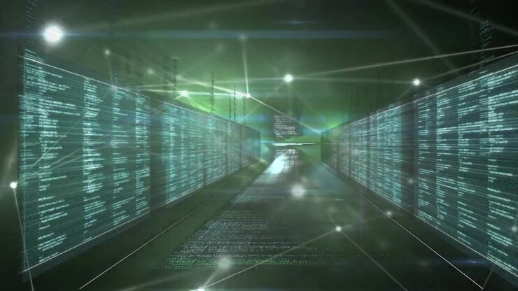 Animation of data processing and network of connections over black background