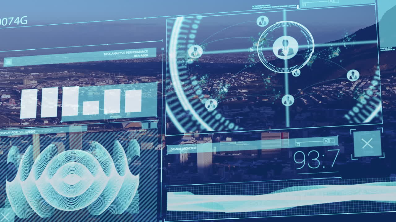 animación del procesamiento de datos e iconos sobre el paisaje urbano