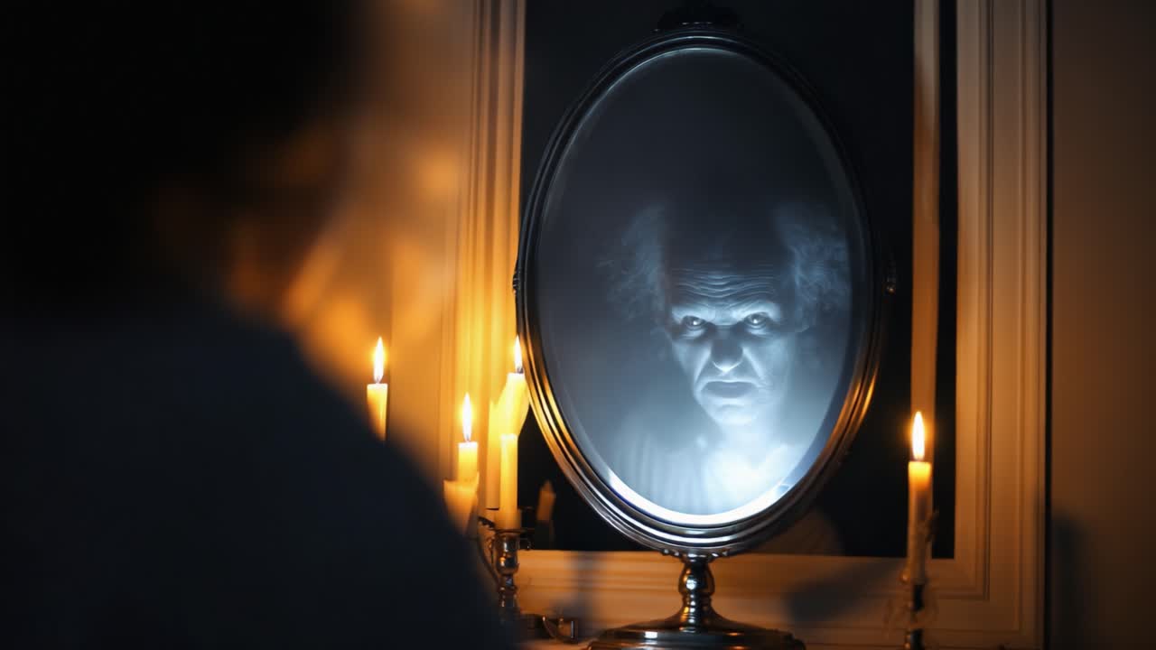 Riflesso inquietante: un misterioso incontro con una presenza sinistra in una stanza scarsamente illuminata con un volto intenso nello specchio circondato da candele tremolanti