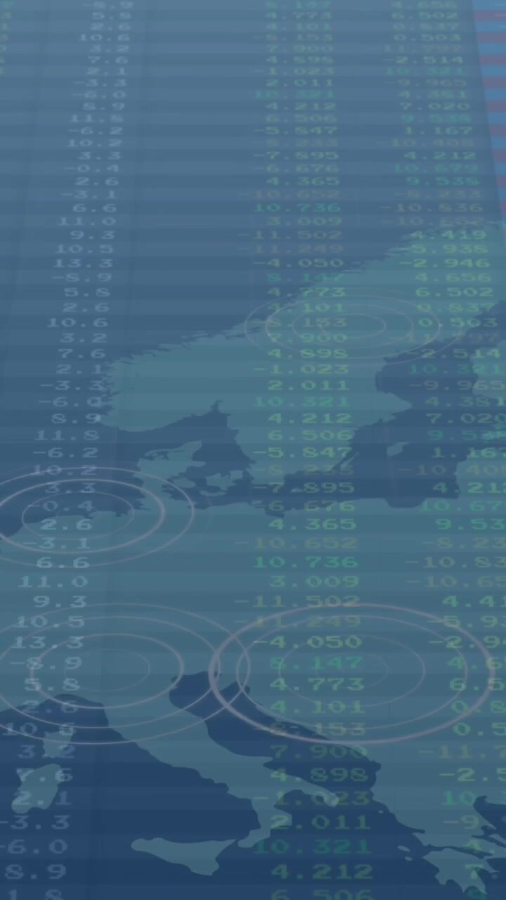 Animation of data processing over world map against blue background
