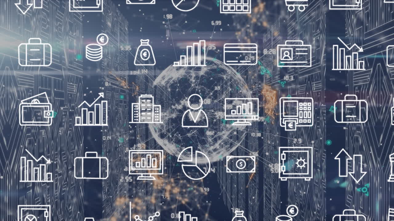 animación del globo con iconos sobre la sala del servidor