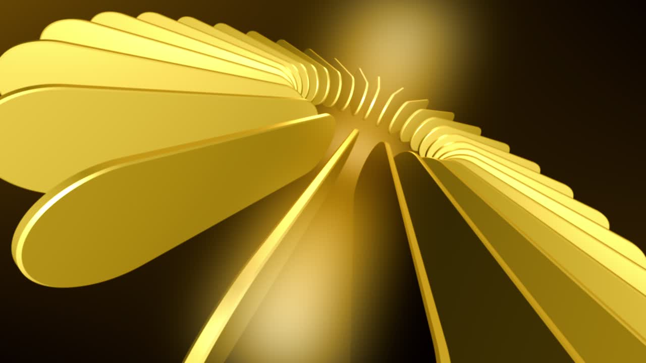 A seamless abstract 3D sci-fi animation loop featuring golden blades orbiting a glowing core, creating a radiant sunburst that shines with continuous, fluid movement