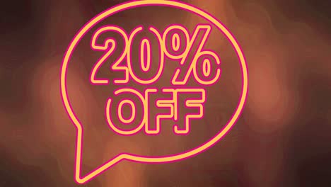 animation of 20 percent off text in orange neon letters and speech bubble on orange background