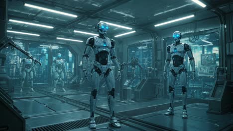 futuristic robotics laboratory: advanced cybernetic beings stand in a high-tech environment, showcasing enhanced gears and cutting-edge ai capabilities under soft blue lighting