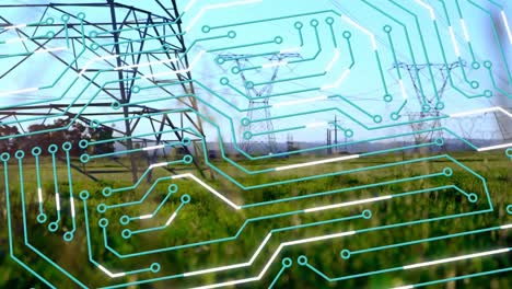 animación de un circuito integrado sobre postes de electricidad y paisaje