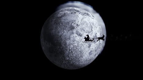 animation of santa claus in sleigh with reindeer passing over moon and stars