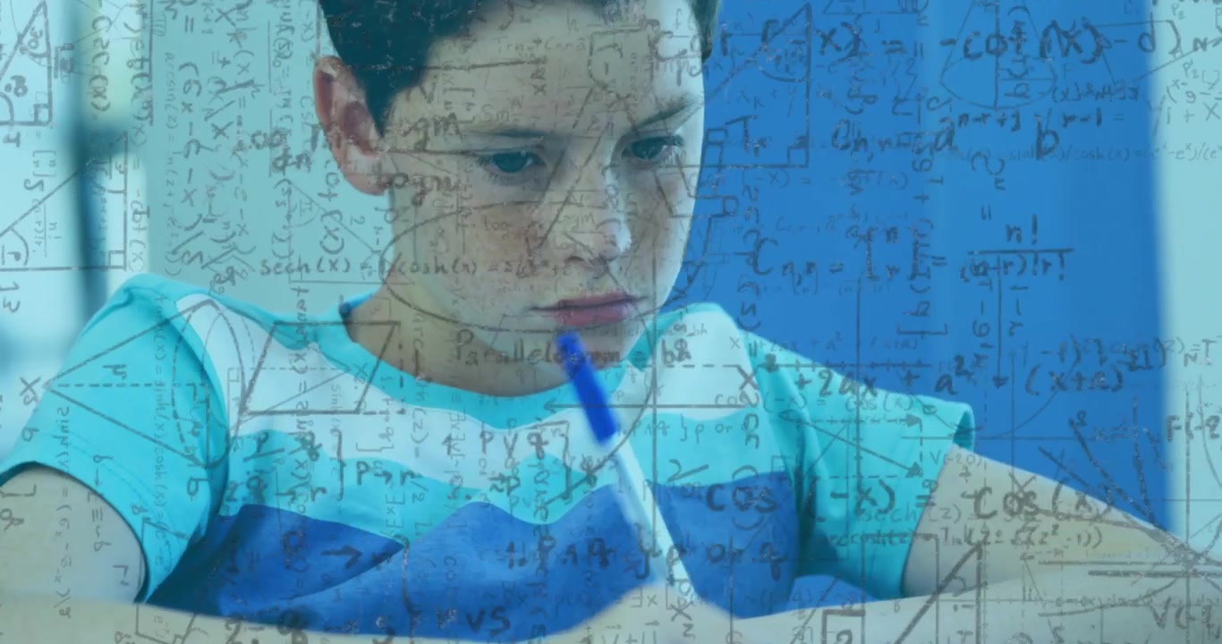 Male student reading math and tapping blue pen at desk, overlaid formulas guiding education focus