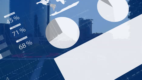 animation of data processing and world map over cityscape