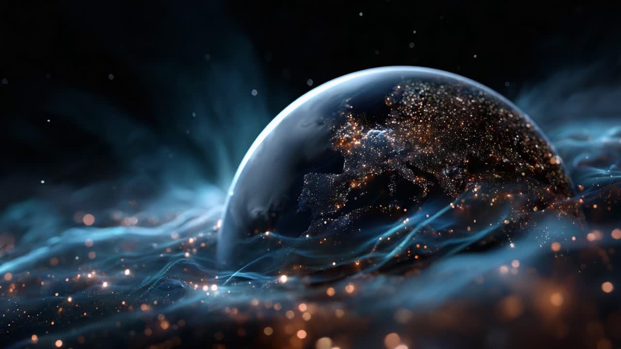 A Stunning Visualization of Earth Surrounded by Dynamic Cosmic Fluids and Shimmering Stars, Highlighting the Beauty of Our Planet in a Nebula-like Environment