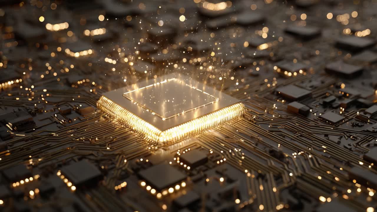 Luminous central computer processor unit glowing on a circuit board with golden light beams, representing futuristic technology, AI, and the rapid transfer of digital information and data