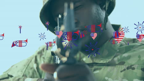 animation of icons coloured in american flag over soldier holding machine gun