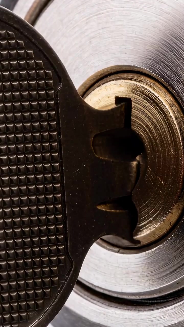 Vídeo vertical: Chave deslizando e girando após inserção em cilindro de latão na porta, destravando a fechadura.