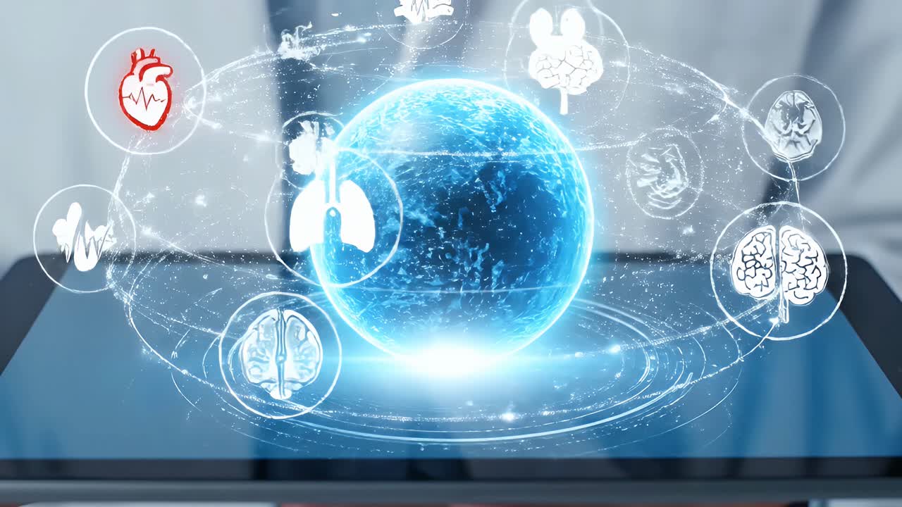 Futuristic medical technology interface with glowing globe and health icons