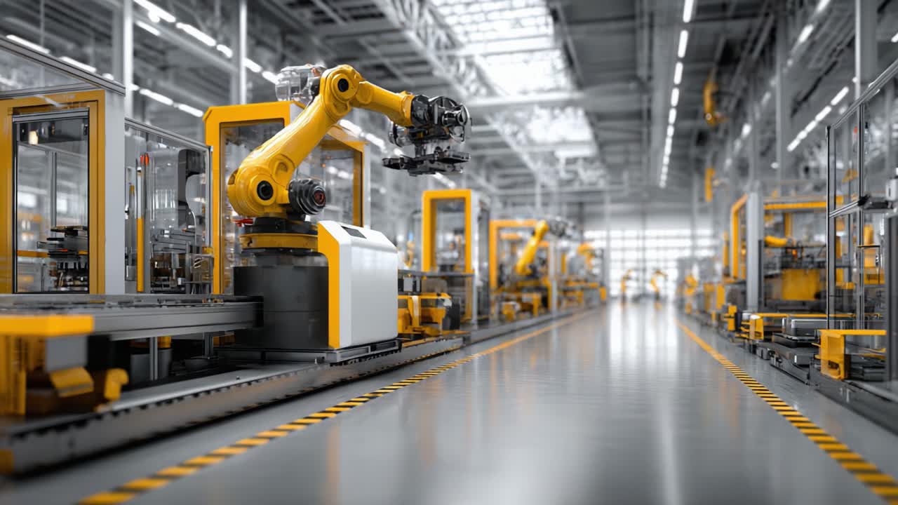 Automated Manufacturing Facility Showcasing Robotic Arms in Operation, Highlighting Advanced Machinery and Efficient Assembly Processes in Modern Industry