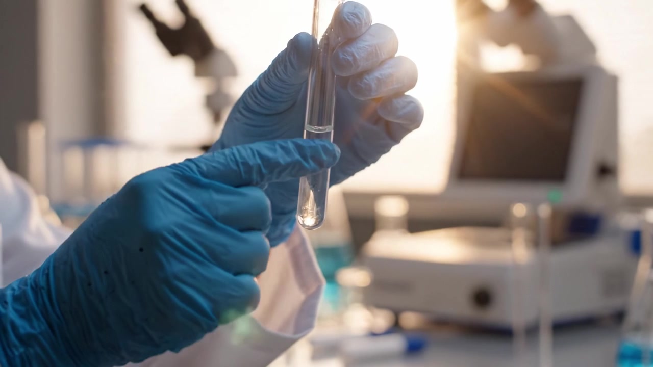 Scienziato che conduce un esperimento con una provetta in laboratorio, mostrando la ricerca scientifica e la precisione in un ambiente di laboratorio moderno.