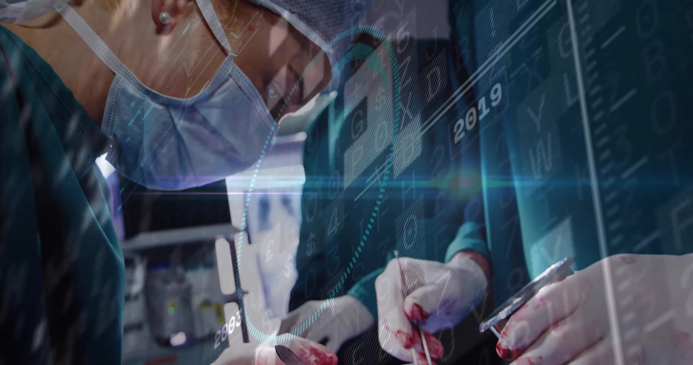 Surgeons making incision with scalpel, unveiling animated timeline data showing medical advances