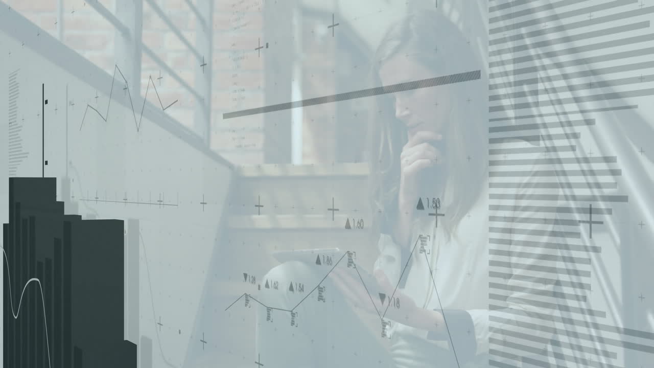 Using tablet, businesswoman analyzing financial graphs and data with animation