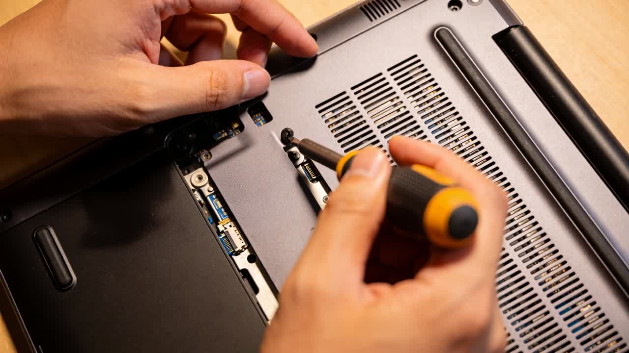 Removing tech hands turning driver lifting cover on laptop bottom, inspecting internal connector