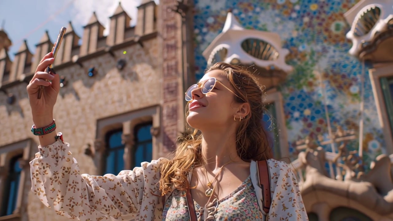 Turista sorridente con occhiali da sole si scatta un selfie con lo smartphone a Park Güell, Barcellona, Catalogna, Spagna, con architettura a mosaico colorata sullo sfondo