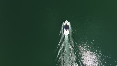 Top-down-aerial-of-motor-boat-navigating-green-lake-water-in-Hogscald-Hollow