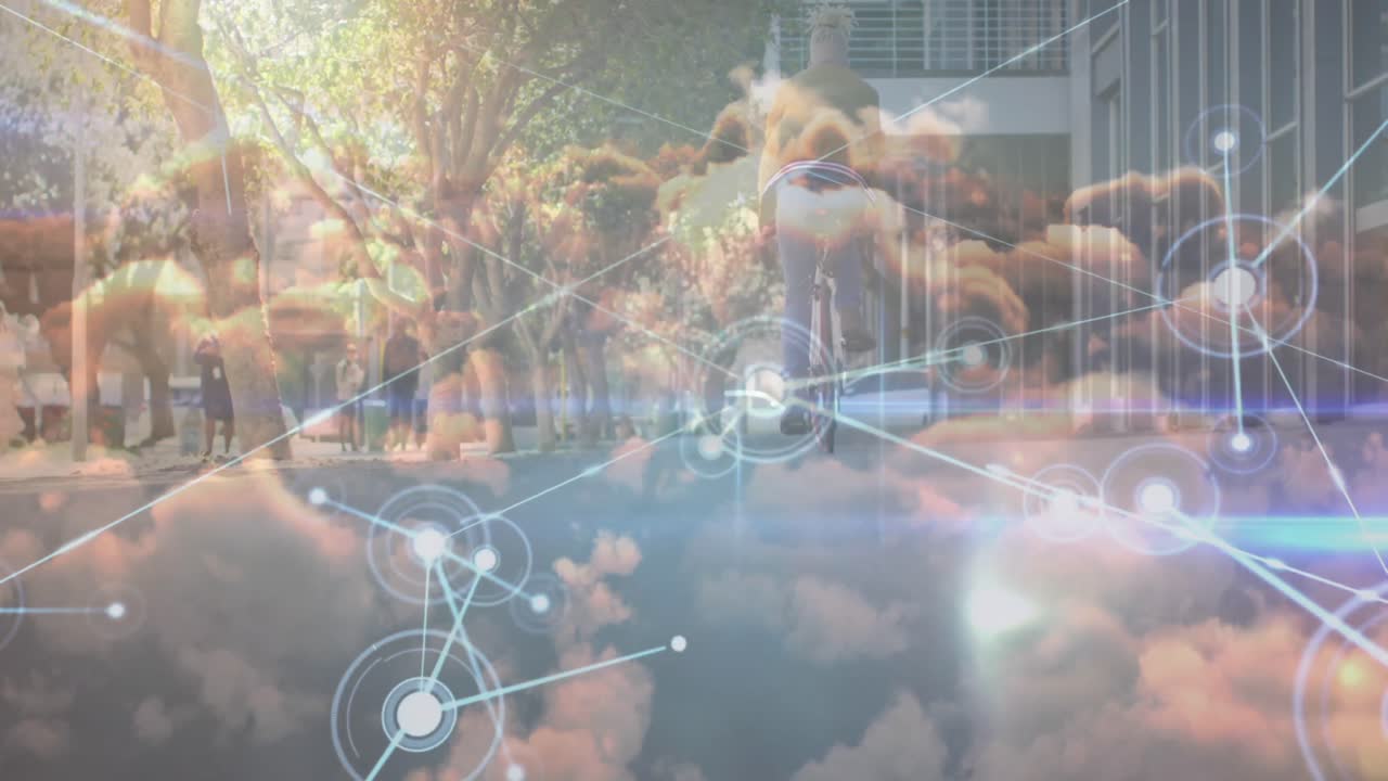 animación de la red de conexiones sobre el hombre en bicicleta en la ciudad