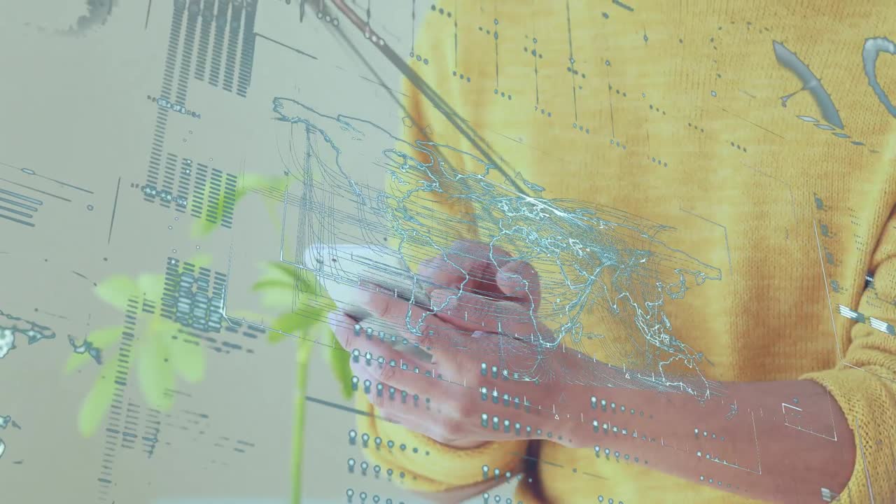 animación de procesamiento de datos con mapa del mundo sobre hombre caucásico usando teléfono inteligente