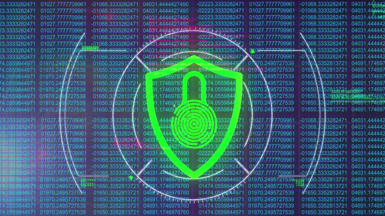 Animation of data processing and padlock over dark background