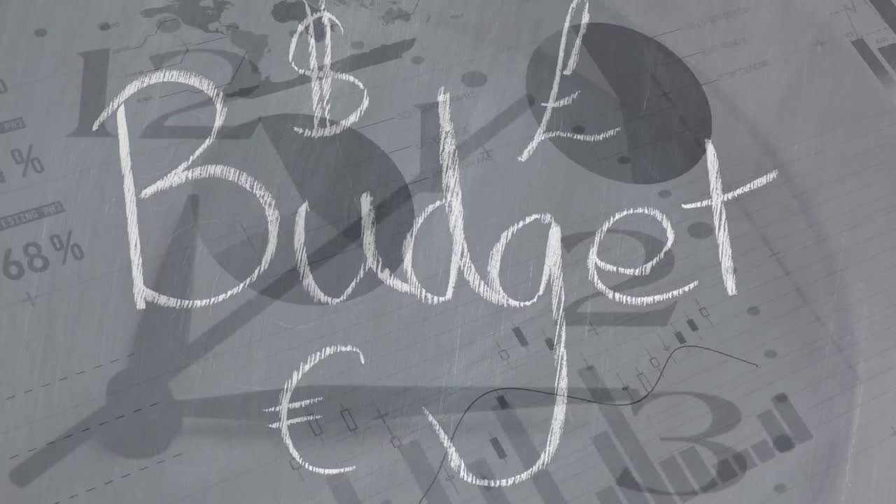 animación de la palabra presupuesto sobre la pantalla del mercado de valores en el fondo