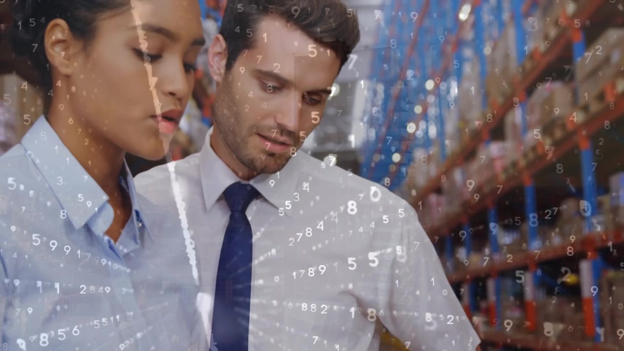 Animation of data processing over diverse male and female supervisor discussing at warehouse
