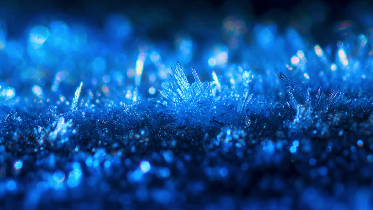 A Stunning Close-Up of Intricate Ice Crystals Captured in Mesmerizing Blue Light, Showcasing the Natural Beauty and Unique Patterns of Frost in a Winter Landscape