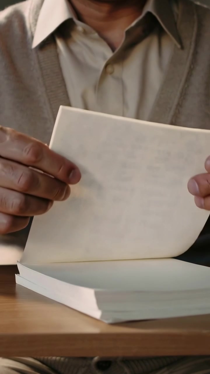 Vertical video: Placing paperback on wood table man in beige cardigan flipping pages searching text