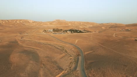aerial view of a green oasis of trees, farm fields at the edge of the desert with mountains around