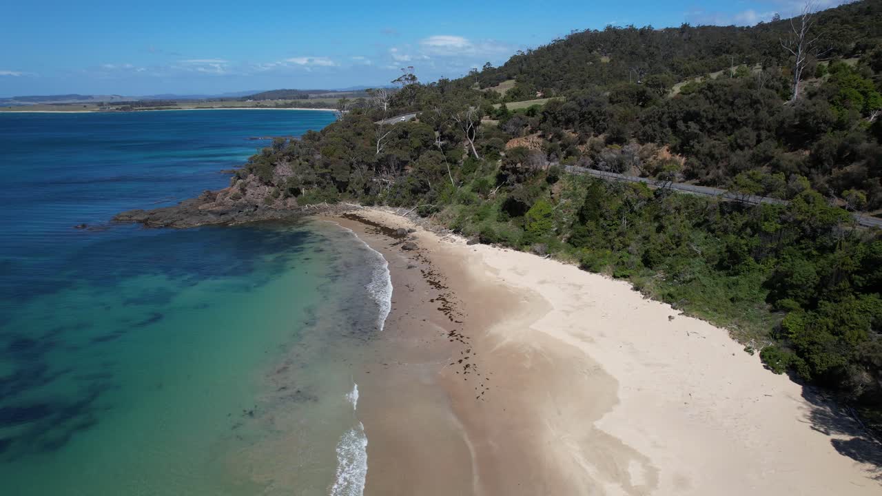 White Sandy Beach Of Mayfield Beach In Tasmania, Australia - Drone Shot