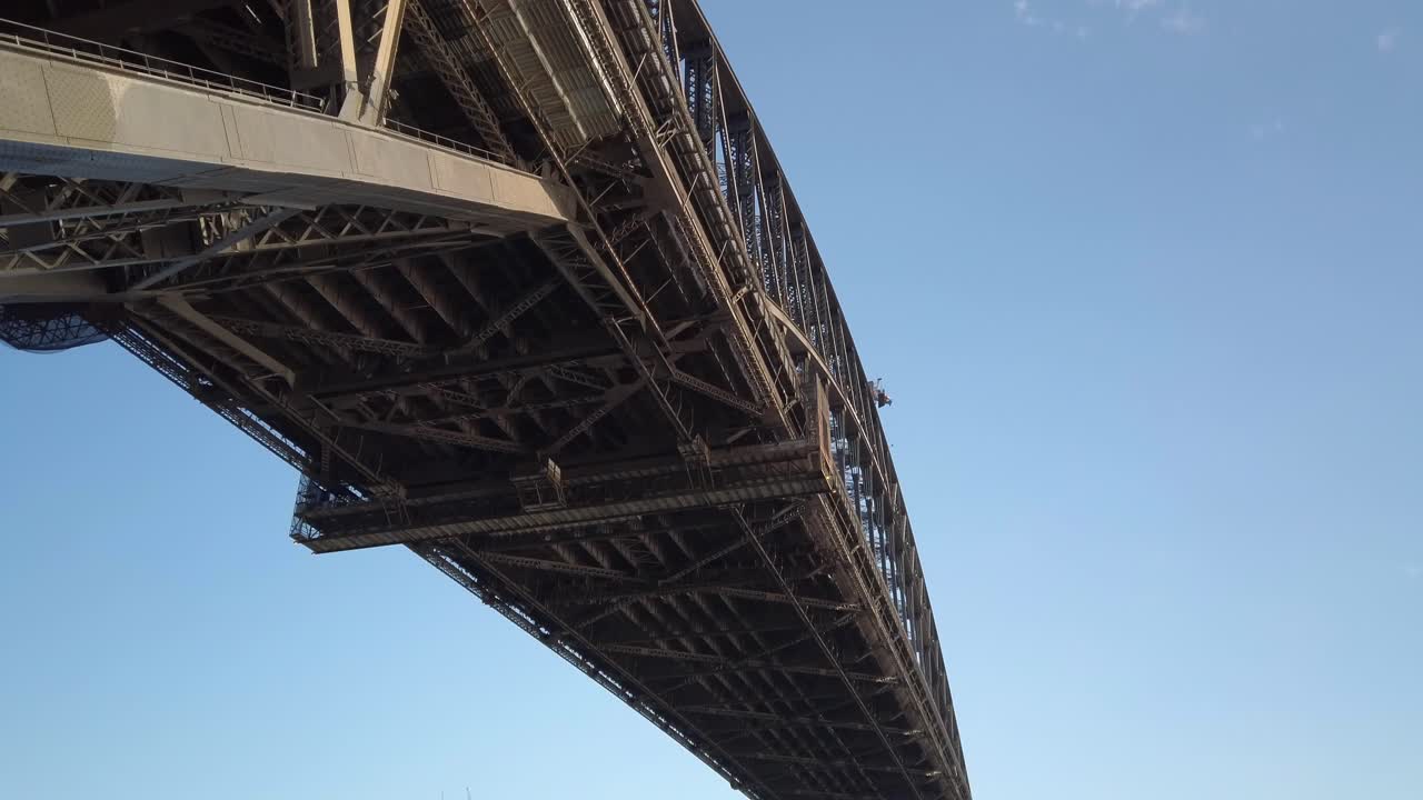 Beautiful panning and close up shot of the Sydney Harbour Bridge below the bridge on Sunset. Amazing view of the Down Under City.
