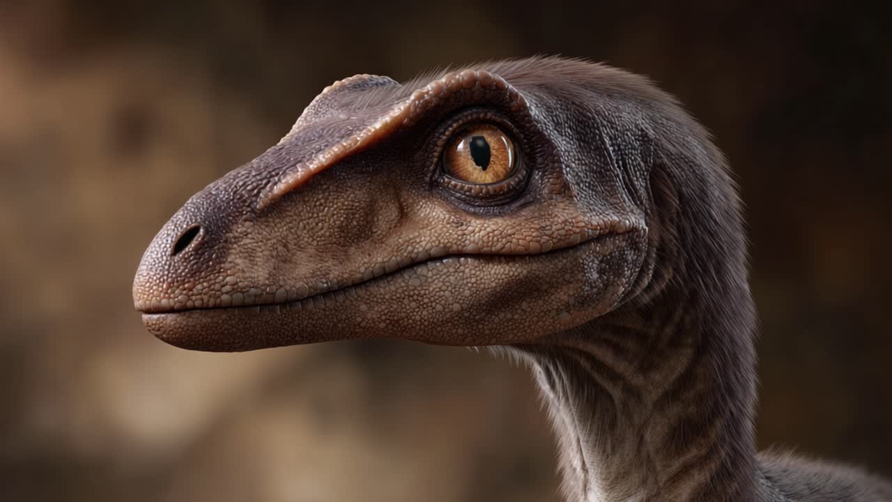 Un Primo Piano di un Velociraptor Realistico con Caratteristiche Dettagliate e Occhi Ipnotizzanti, che Coglie l'Essenza di un Predatore Preistorico con Dettagli Mozzafiato