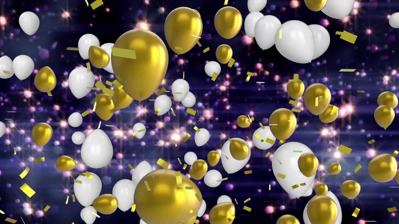 animación de luces brillantes, confeti cayendo y globos volando sobre un fondo negro