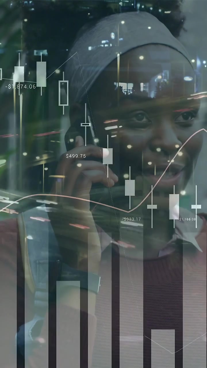 Vertical video: Woman holding phone, speaking at glass by market alert, finance charts over glass