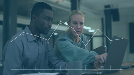 Animation of financial data processing over diverse business people in office